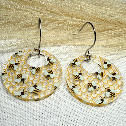 Bee Acrylic Earrings – Clear Patterned Round Earrings