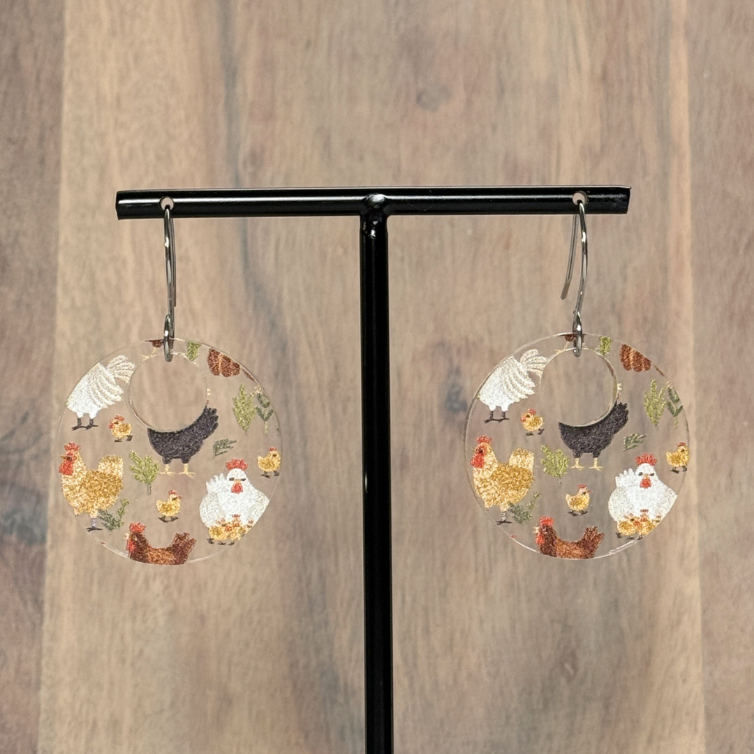 Chicken Acrylic Earrings – Clear Patterned Round Earrings