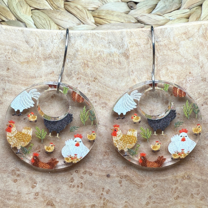 Chicken Acrylic Earrings – Clear Patterned Round Earrings