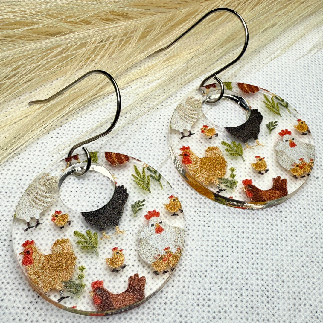 Chicken Acrylic Earrings – Clear Patterned Round Earrings