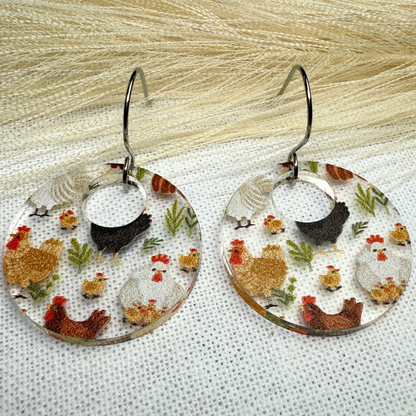 Chicken Acrylic Earrings – Clear Patterned Round Earrings