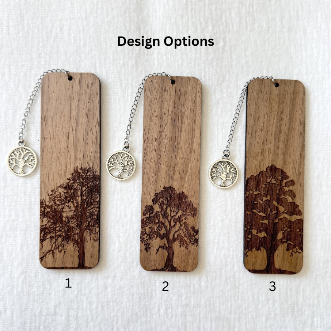 Oak tree wooden bookmark made from walnut wood with engraved oak tree design and tree of life charm
