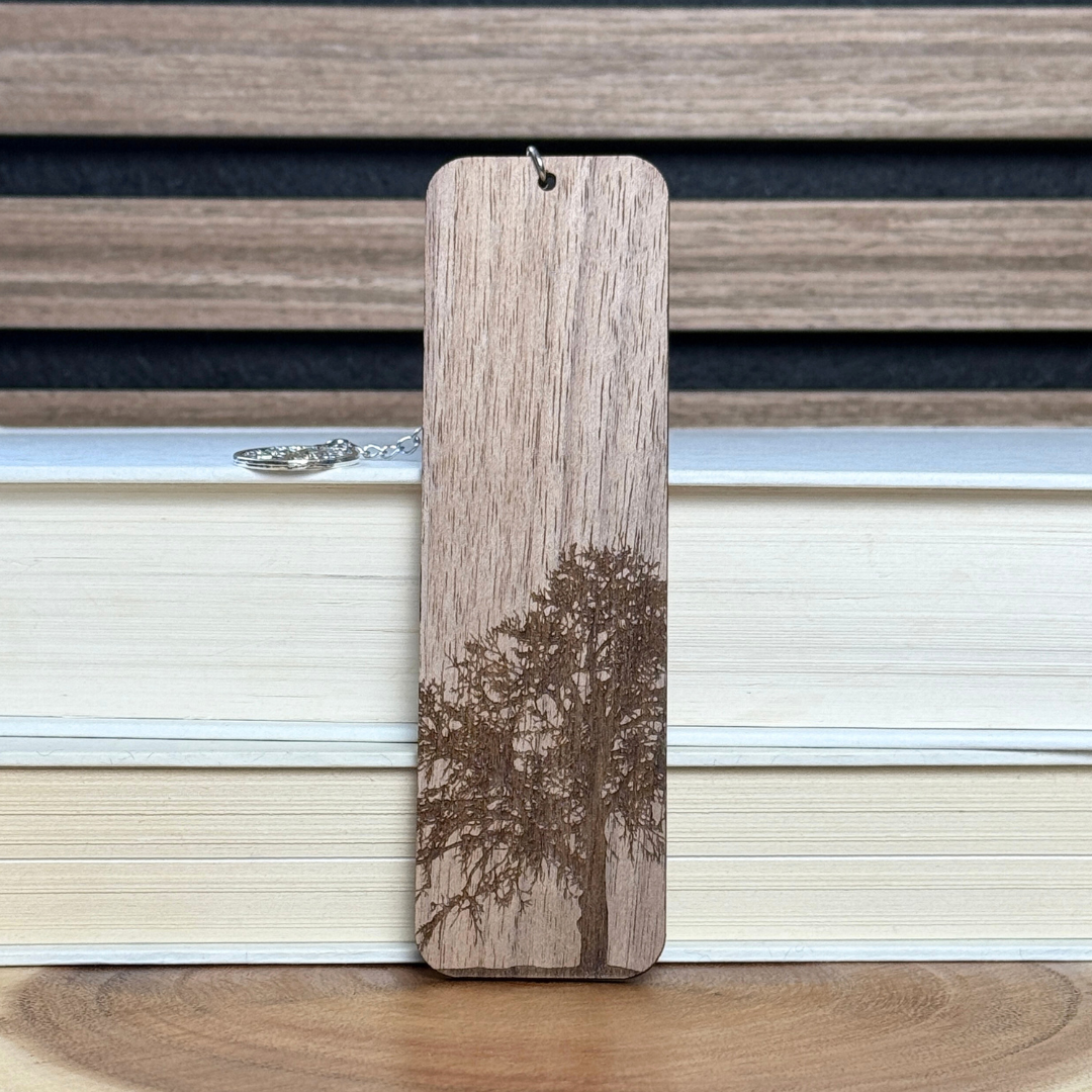 Oak tree wooden bookmark made from walnut wood with engraved oak tree design and tree of life charm
