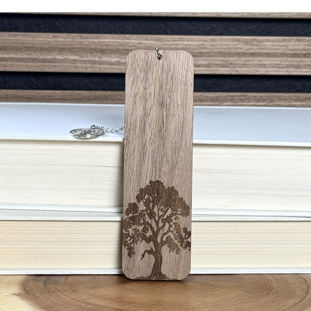 Oak tree wooden bookmark made from walnut wood with engraved oak tree design and tree of life charm