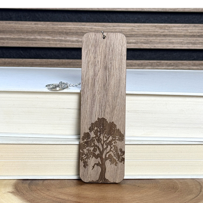 Oak tree wooden bookmark made from walnut wood with engraved oak tree design and tree of life charm