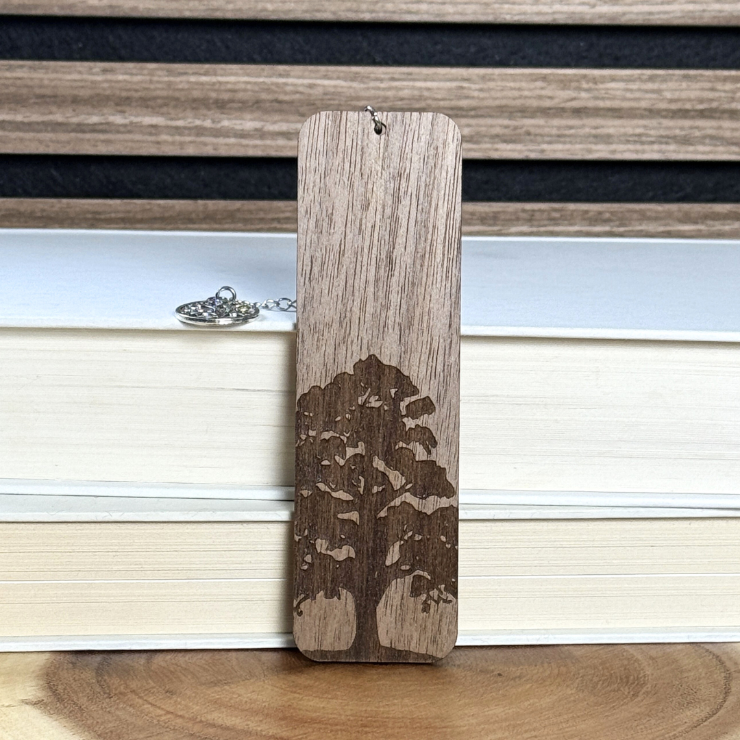 Oak tree wooden bookmark made from walnut wood with engraved oak tree design and tree of life charm