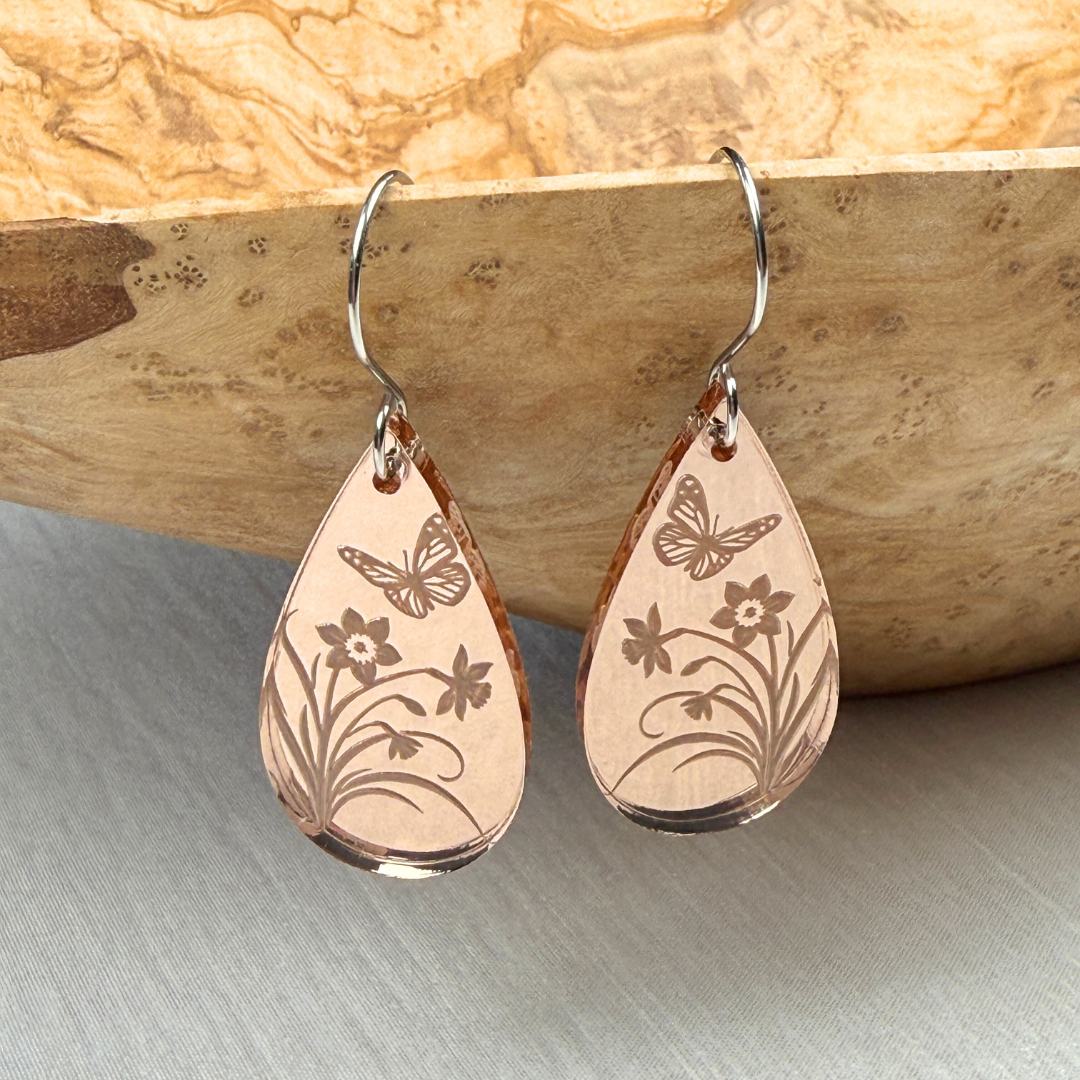 Rose Gold Floral Teardrop Earrings – Mirrored Acrylic Dangles