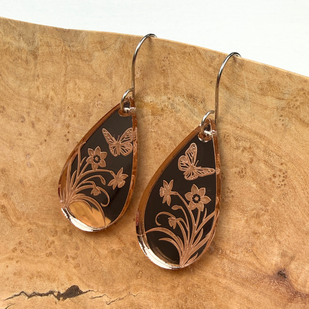 Rose Gold Floral Teardrop Earrings – Mirrored Acrylic Dangles