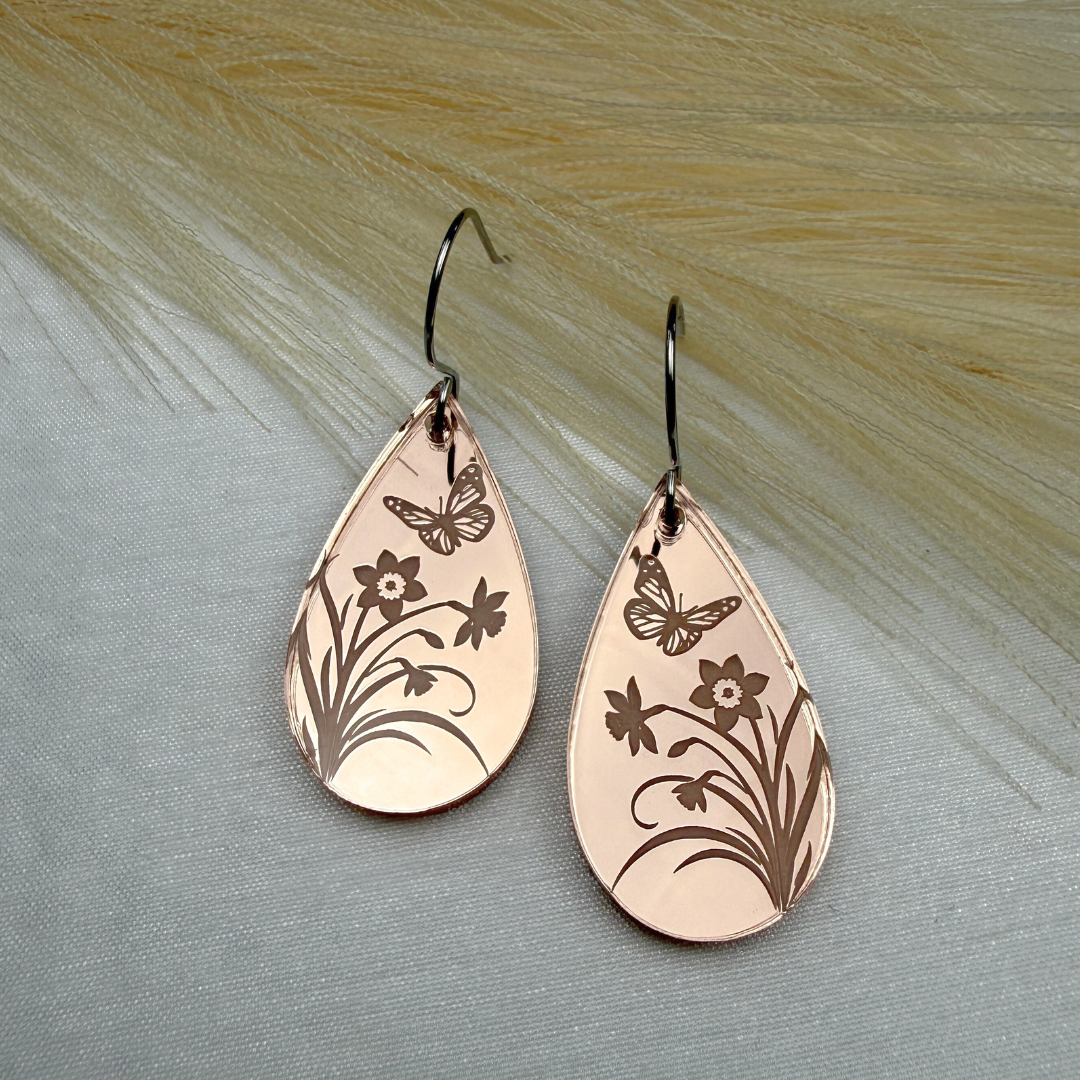 Rose Gold Floral Teardrop Earrings – Mirrored Acrylic Dangles