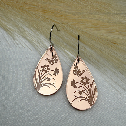 Rose Gold Floral Teardrop Earrings – Mirrored Acrylic Dangles