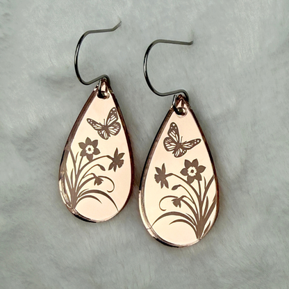 Rose Gold Floral Teardrop Earrings – Mirrored Acrylic Dangles