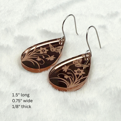 Rose Gold Floral Teardrop Earrings – Mirrored Acrylic Dangles