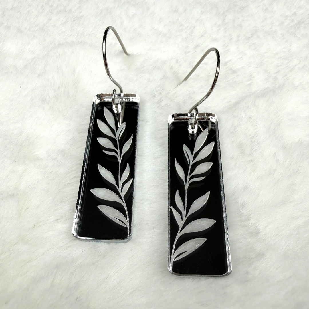 Leaf Rectangle Earrings – Silver Mirrored Acrylic Dangles