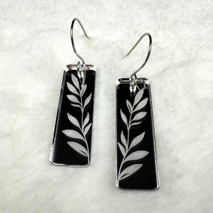 Leaf Rectangle Earrings – Silver Mirrored Acrylic Dangles