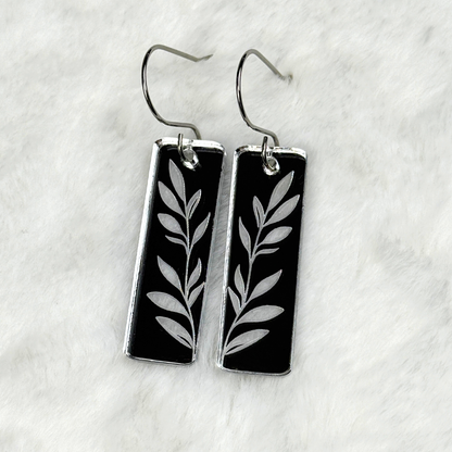 Leaf Rectangle Earrings – Silver Mirrored Acrylic Dangles