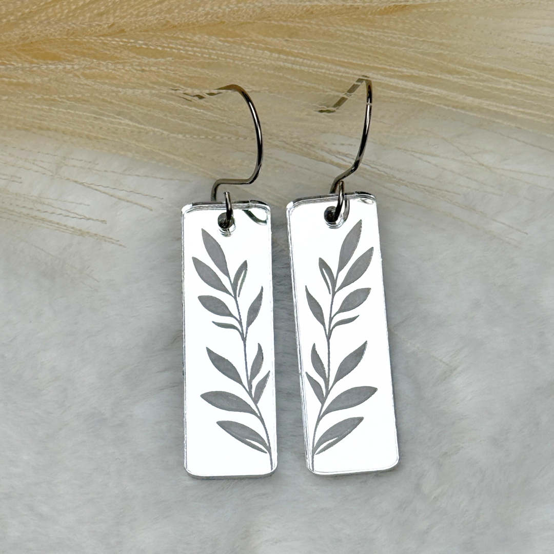 Leaf Rectangle Earrings – Silver Mirrored Acrylic Dangles