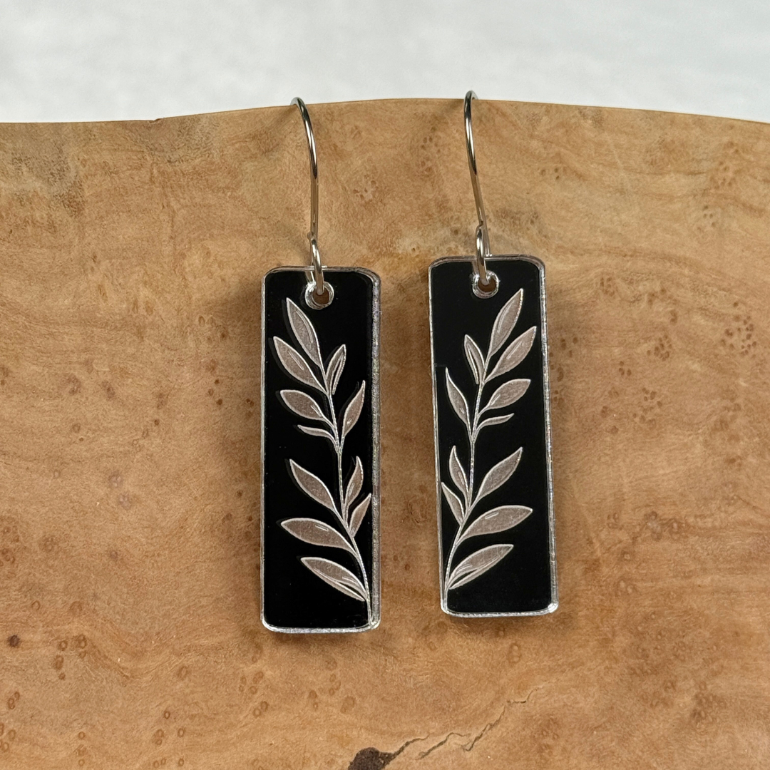Leaf Rectangle Earrings – Silver Mirrored Acrylic Dangles