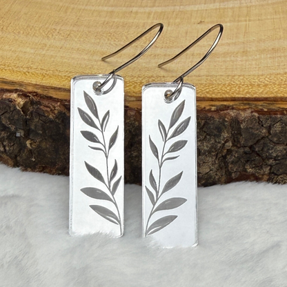 Silver mirrored rectangle earrings. Botanical and nature with a leaf design