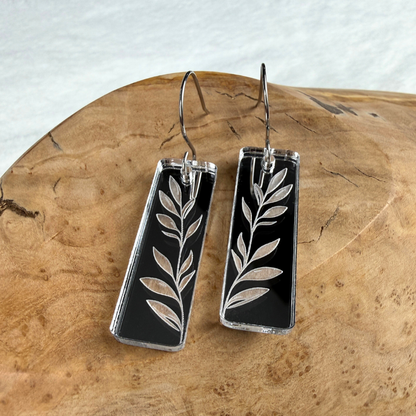 Leaf Rectangle Earrings – Silver Mirrored Acrylic Dangles