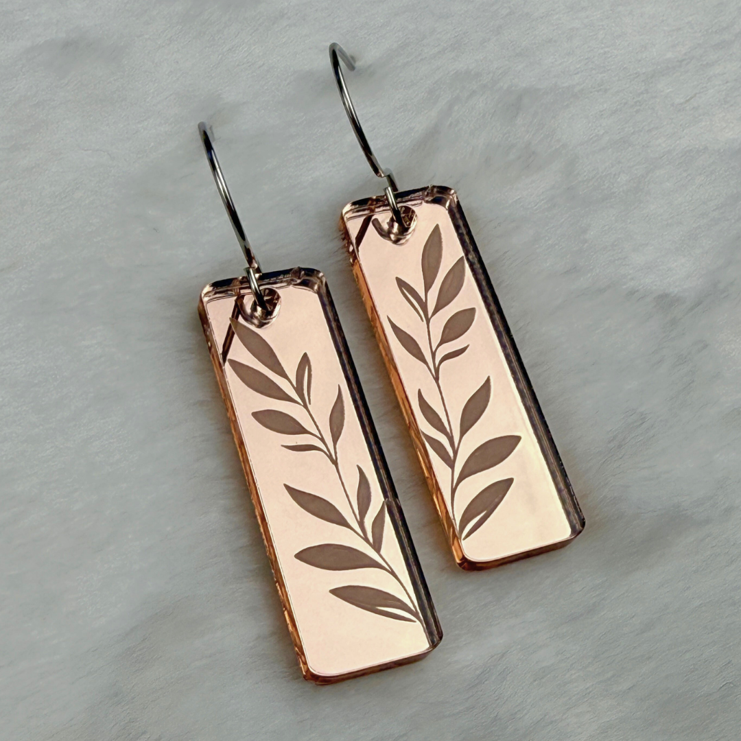 Leaf Rectangle Earrings – Rose Gold Mirrored Acrylic Dangles
