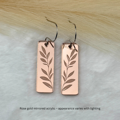 Leaf Rectangle Earrings – Rose Gold Mirrored Acrylic Dangles
