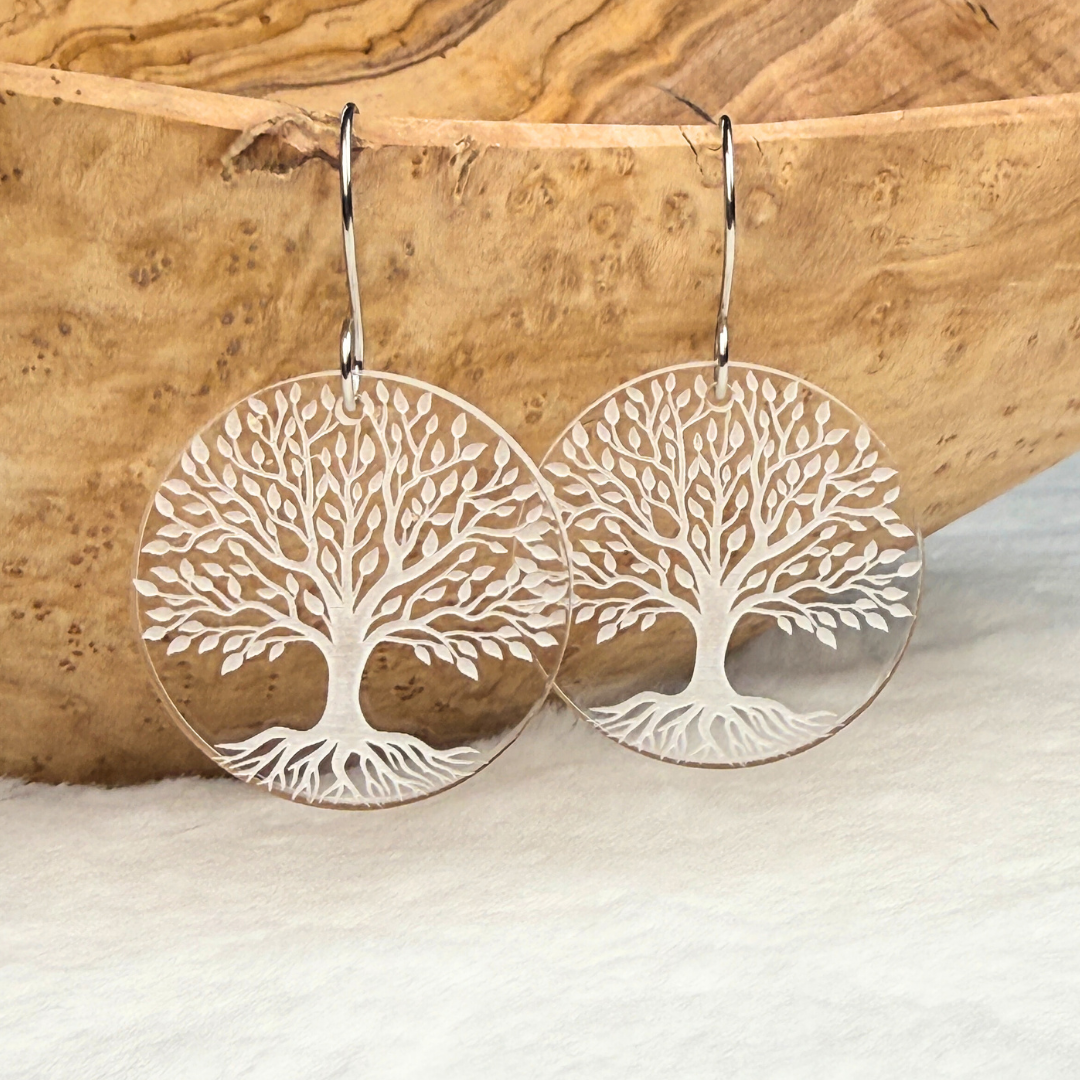 Tree of Life Round Earrings – Lightweight Clear Acrylic Dangles