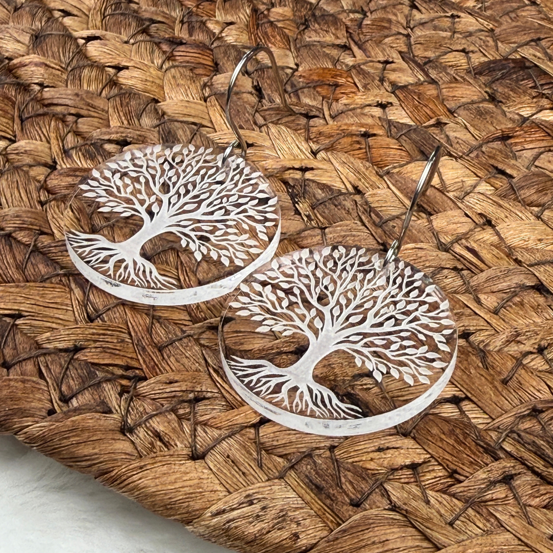 Tree of Life Round Earrings – Lightweight Clear Acrylic Dangles