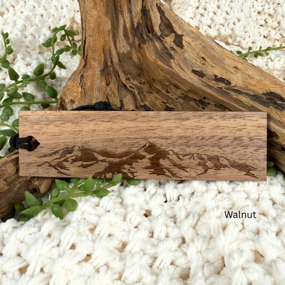 Walnut wood mountain engraved bookmark with personalized name