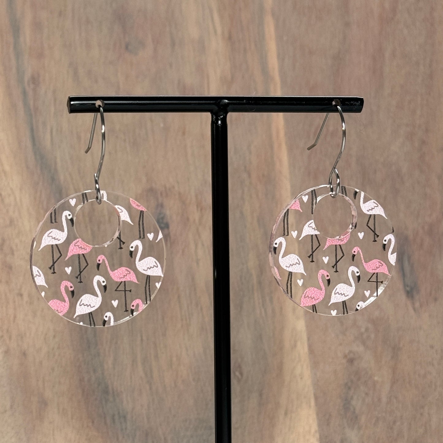 Flamingo Acrylic Earrings – Clear Patterned Round Earrings