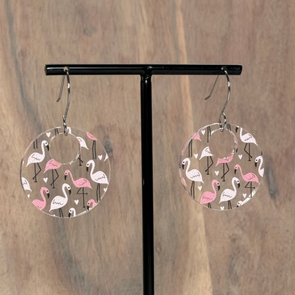 Flamingo Acrylic Earrings – Clear Patterned Round Earrings