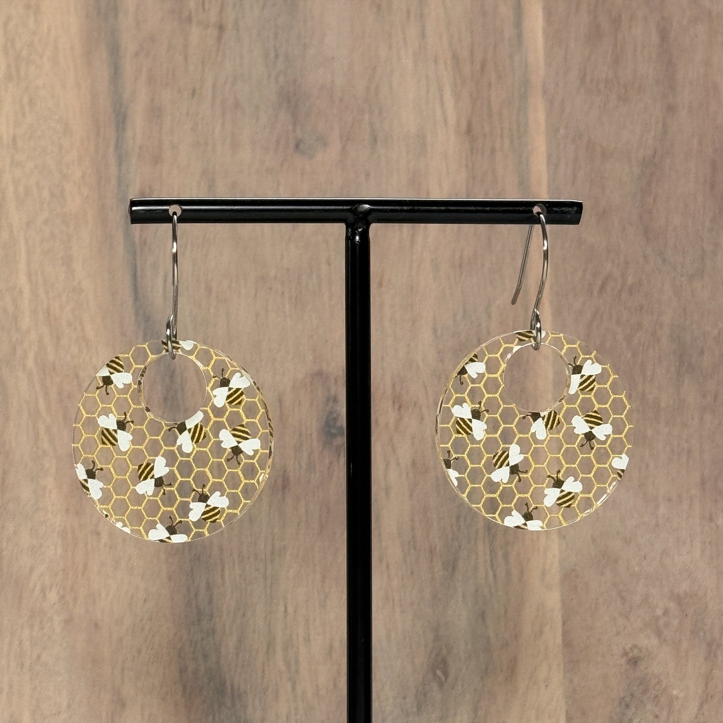 Bee Acrylic Earrings – Clear Patterned Round Earrings
