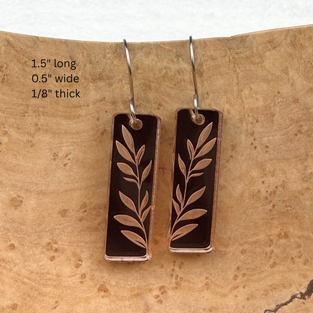 Leaf Rectangle Earrings – Rose Gold Mirrored Acrylic Dangles