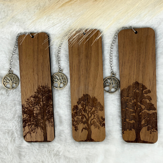 Oak tree wooden bookmark made from walnut wood with engraved oak tree design and tree of life charm