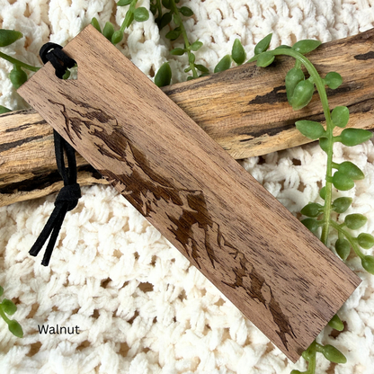 Walnut wood mountain engraved bookmark with personalized name