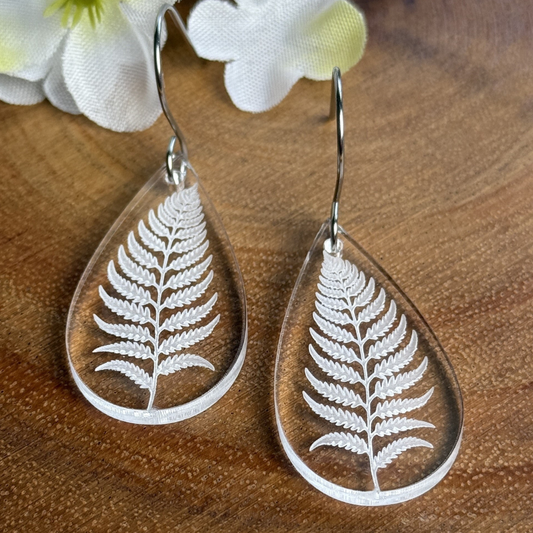 Fern Acrylic Teardrop Earrings – Clear Engraved Earrings
