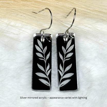 Leaf Rectangle Earrings – Silver Mirrored Acrylic Dangles