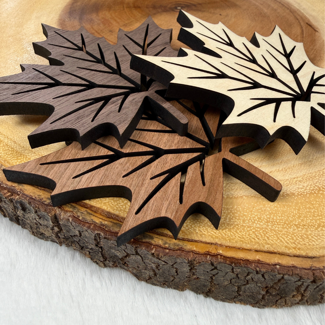 Three laser-cut wooden maple leaf coasters in cherry, walnut and maple wood, arranged on a rustic wood slice background.