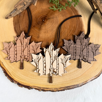Canadian maple leaf wood ornaments with engraved deer and birch forest in walnut, maple and cherry wood
