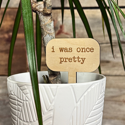 Potted plant with a wooden tag reading 'i was once pretty' on a wooden surface.