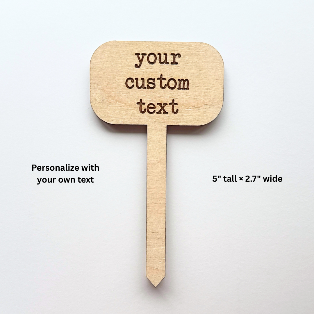 Wooden sign with 'your custom text' on a white background