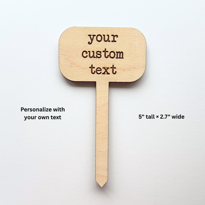Wooden sign with 'your custom text' on a white background