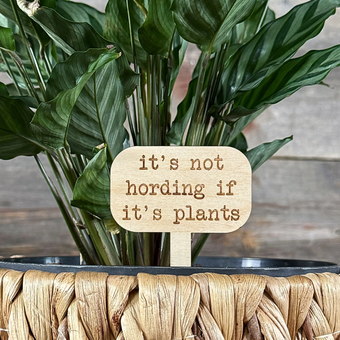 Wooden plant marker sign with the saying "it's not hording if it's plants". Plant decor in a houseplant.