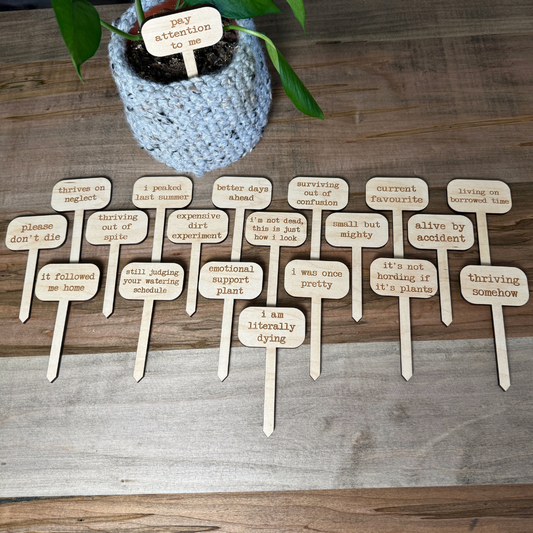 Funny Wooden Plant Stakes – Engraved Houseplant Markers