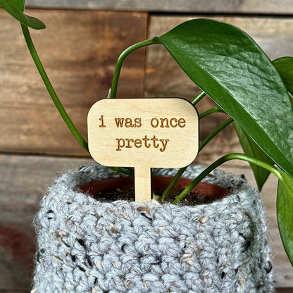 Potted plant with a wooden tag reading 'i was once pretty' against a wooden background