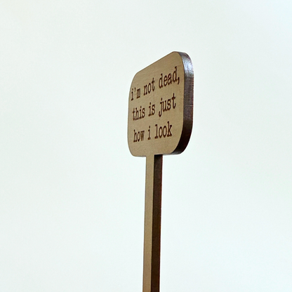 Side profile view of engraved maple wood plant stake showing material thickness and construction on a white background.