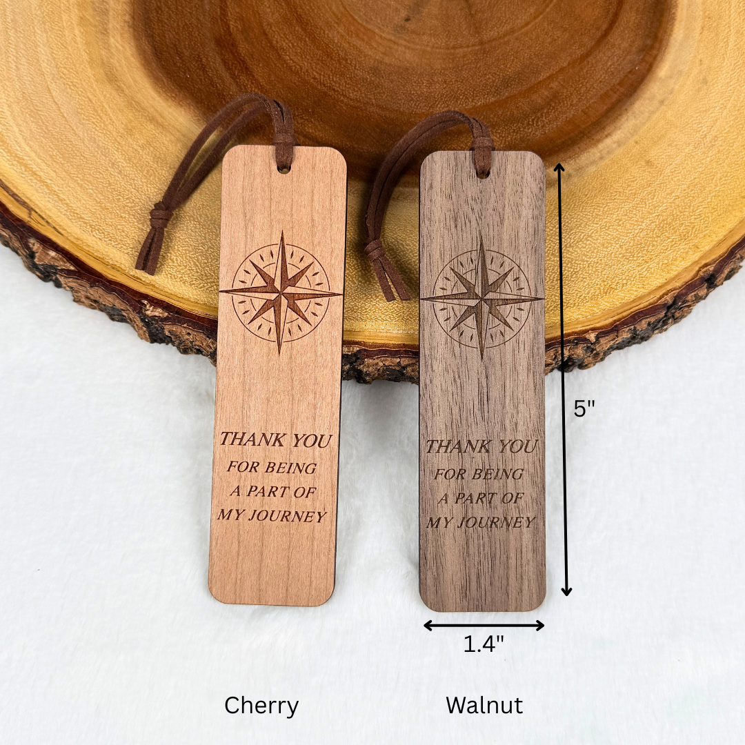 Wooden bookmarks made from cherry or walnut wood with the measurements.