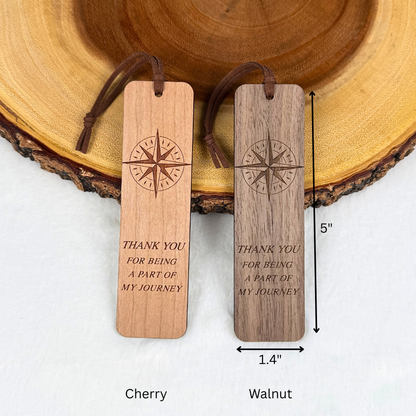 Wooden bookmarks made from cherry or walnut wood with the measurements.