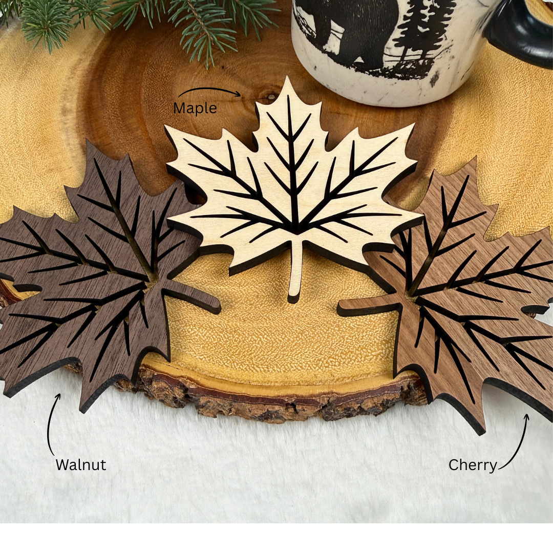Walnut, maple and cherry maple leaf coasters handmade from quarter-inch wood
