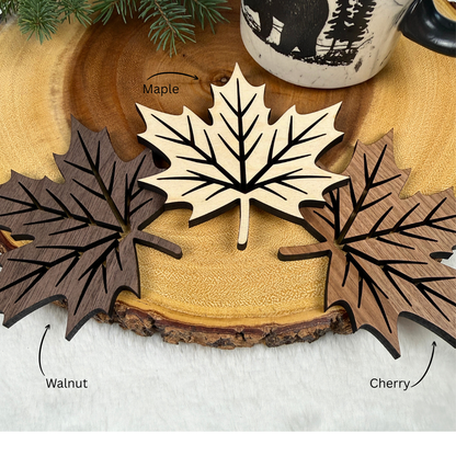 Walnut, maple and cherry maple leaf coasters handmade from quarter-inch wood